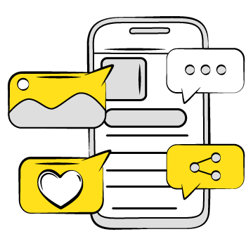 social media marketing - Line drawing of a mobile phone with social media icons including image, heart, chat and share buttons in yellow and gray