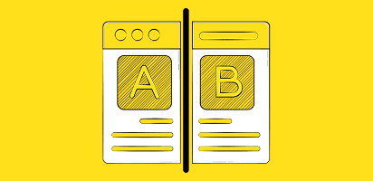 Split screen illustration showing two comparison panels with A/B text labels on bright yellow background