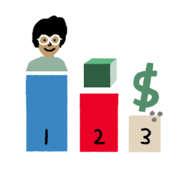 Simple illustration showing three ascending steps labeled 1-2-3, with a cartoon person on step 1 and a dollar sign on step 3