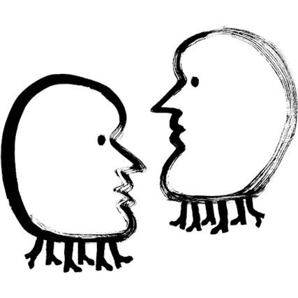 Abstract illustration of two heads with legs facing one another