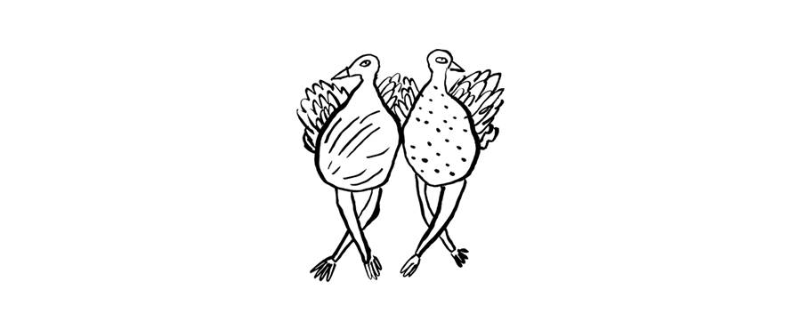 A drawing of two turkeys who appear to be doing a line dance.