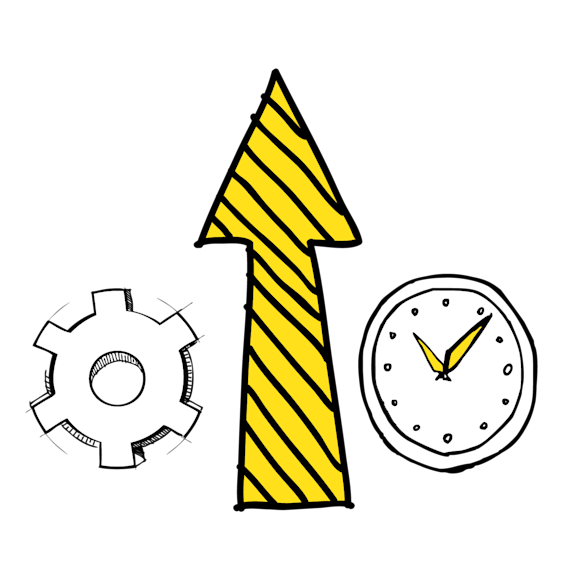 gear, arrow and a clock graphic