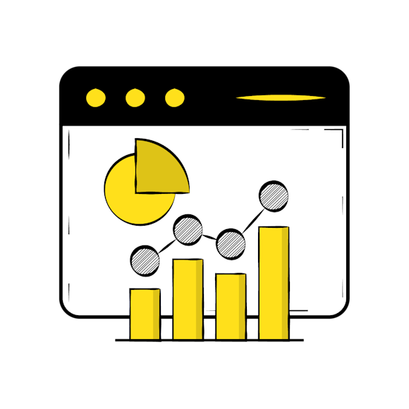marketing data - Simple line drawing showing a pie chart and bar graph in yellow and black, with connecting dots illustrating data visualization