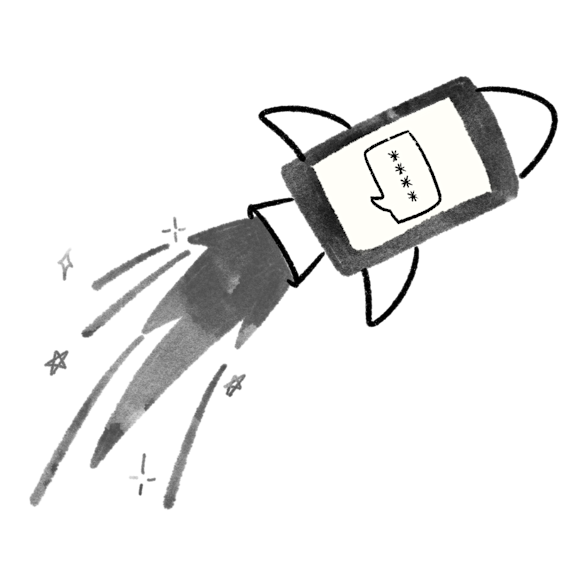 Rocket blasting off with a phone and a text message