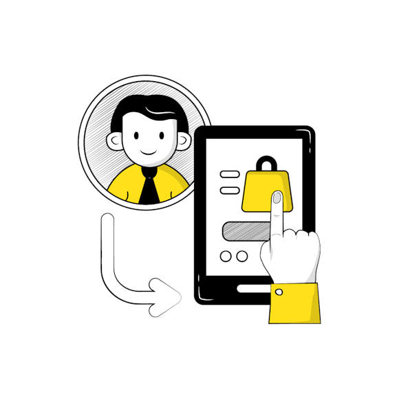 customer making a purchase concept - illustration showing user profile icon connected to mobile shopping app, with hand tapping yellow shopping bag icon