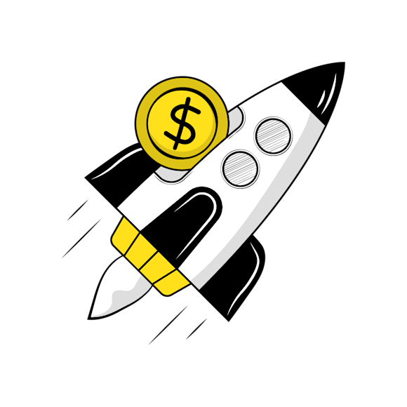 choose e-commerce software - Stylized rocket ship illustration in black and yellow with a gold dollar coin at the top, suggesting financial growth or investment