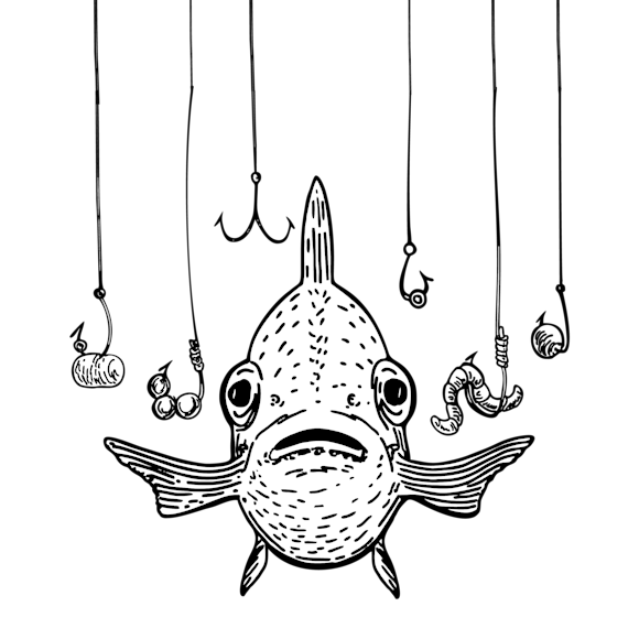 Fish surrounded by hooks and bait