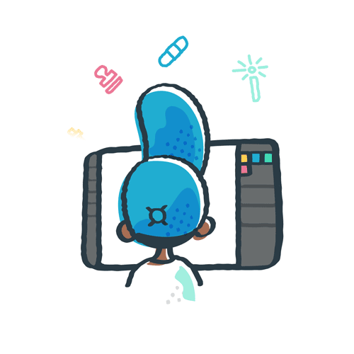 Cartoon illustration of a person with blue hair looking at a computer screen with editing tools, shown from behind