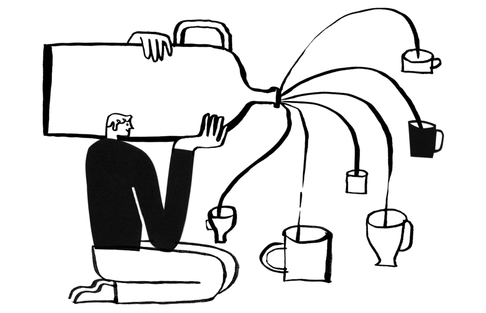 Person pouring liquid out of one jug into six cups.