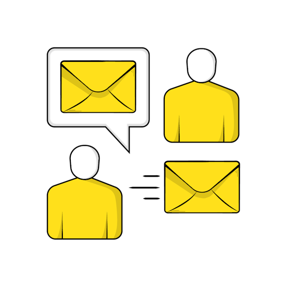 Simple line drawing showing two yellow user icons exchanging email messages, represented by yellow envelope symbols