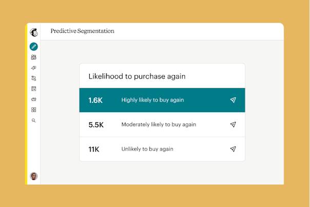A predictive segmentation chart showing customer likelihood to purchase again, with three categories: 16K highly likely, 5.5K moderately likely, and 11K unlikely