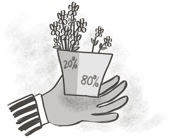Hand holding a flower pot that says “20% and 80%