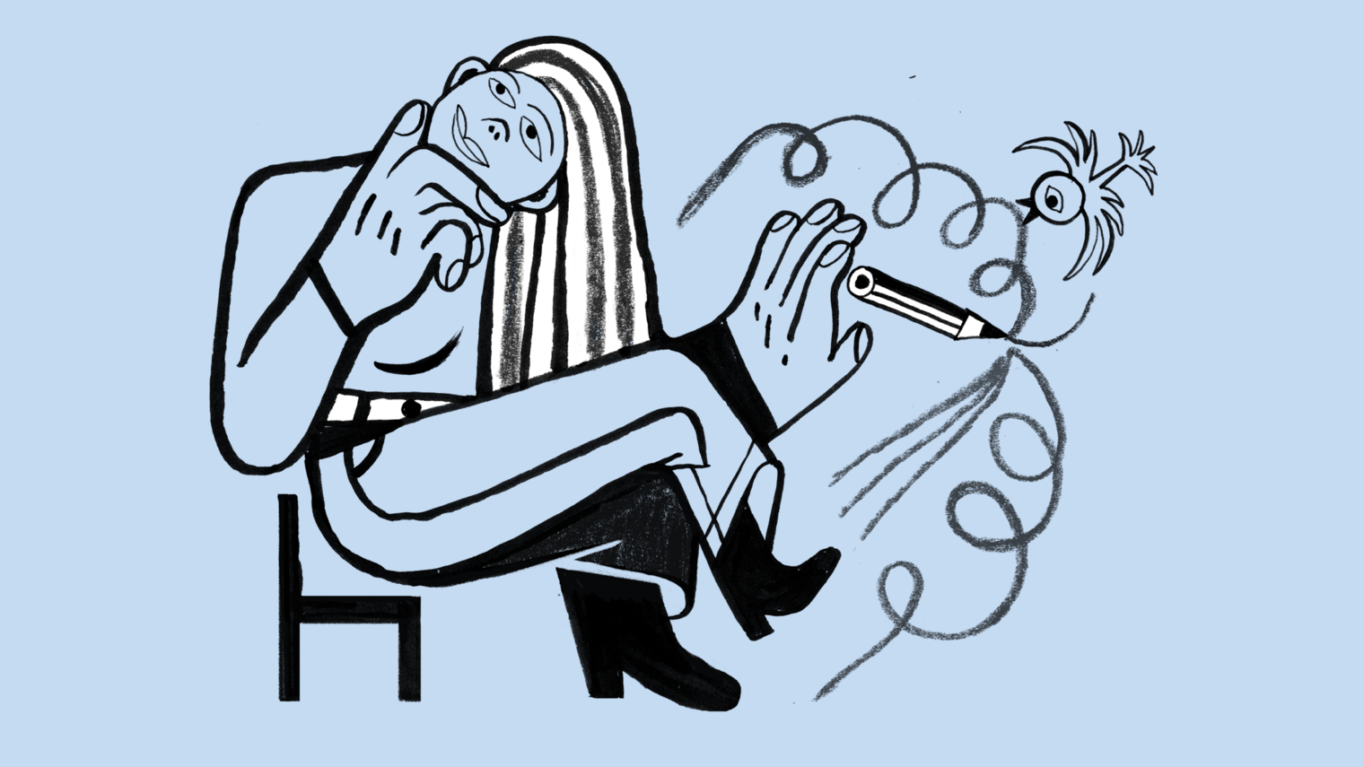 Person sitting in chair writing and contemplating with help from a cute bird.