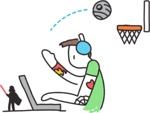 Stick figure wearing green sits at desk, imagining playing basketball while working at computer
