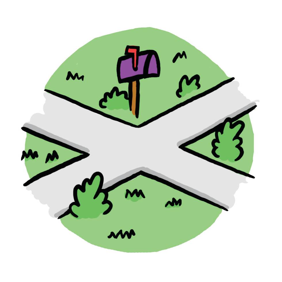 Illustration of a grassy yard with a winding concrete path or driveway and a purple mailbox on a wooden post