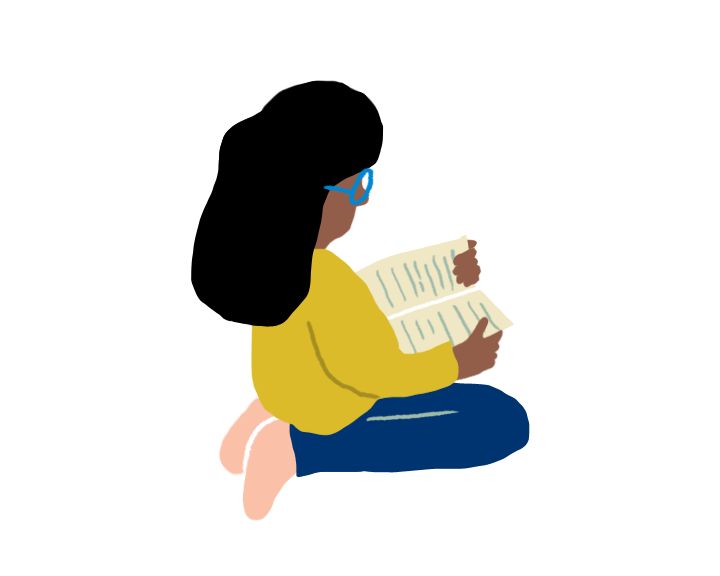 Illustration of a person with black hair wearing blue glasses, yellow sweater and jeans, sitting cross-legged while reading a book