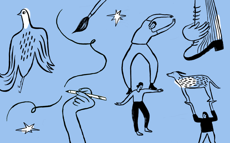 Illustration of a bird flying, a hand drawing, a person standing on someone's shoulders, and an animal being held by someone