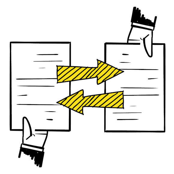 Graphic of two pieces of paper and arrows pointing between them