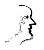 Simple line drawing of a person climbing stairs that form the profile of a large face looking right