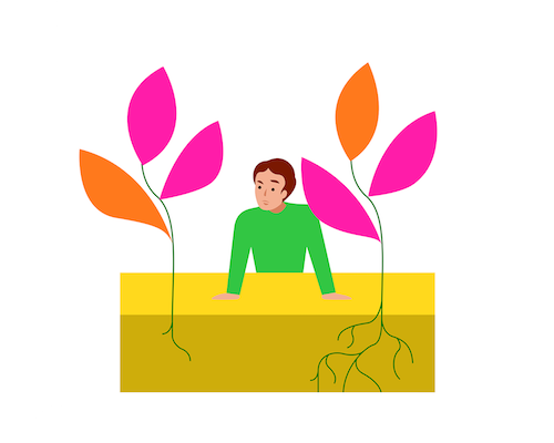 Illustration of a person in green shirt tending to colorful plants with pink and orange leaves growing from yellow soil blocks