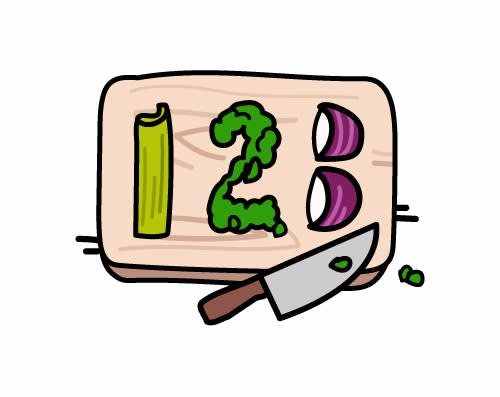 Cartoon illustration of a wooden cutting board with chopped vegetables arranged to form the number 12 and a knife beside it