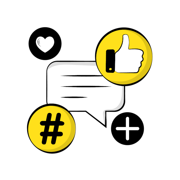 Simple diagram showing three circular icons connected by arrows: a heart symbol, a question mark, and a hashtag symbol, with a plus sign below