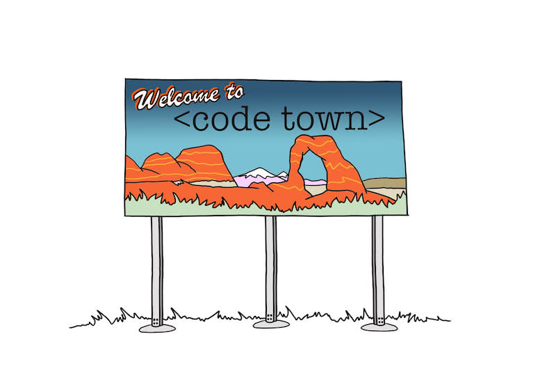 A roadside welcome sign reads "Welcome to <code town>" with orange desert rock formations and blue sky in the background