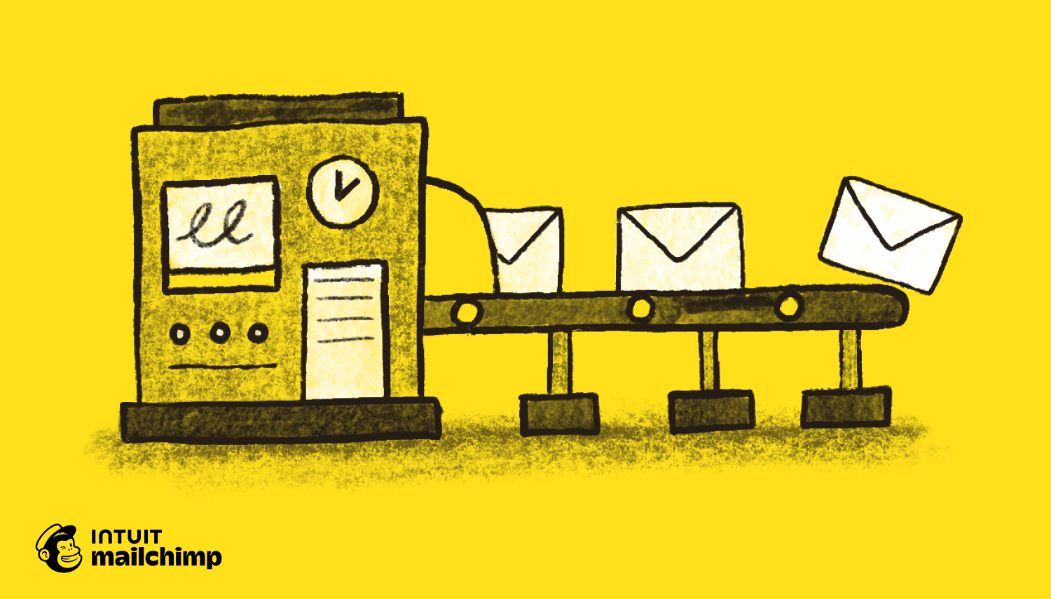 Illustration of an email automation system with envelopes moving along a conveyor belt from a control panel on yellow background