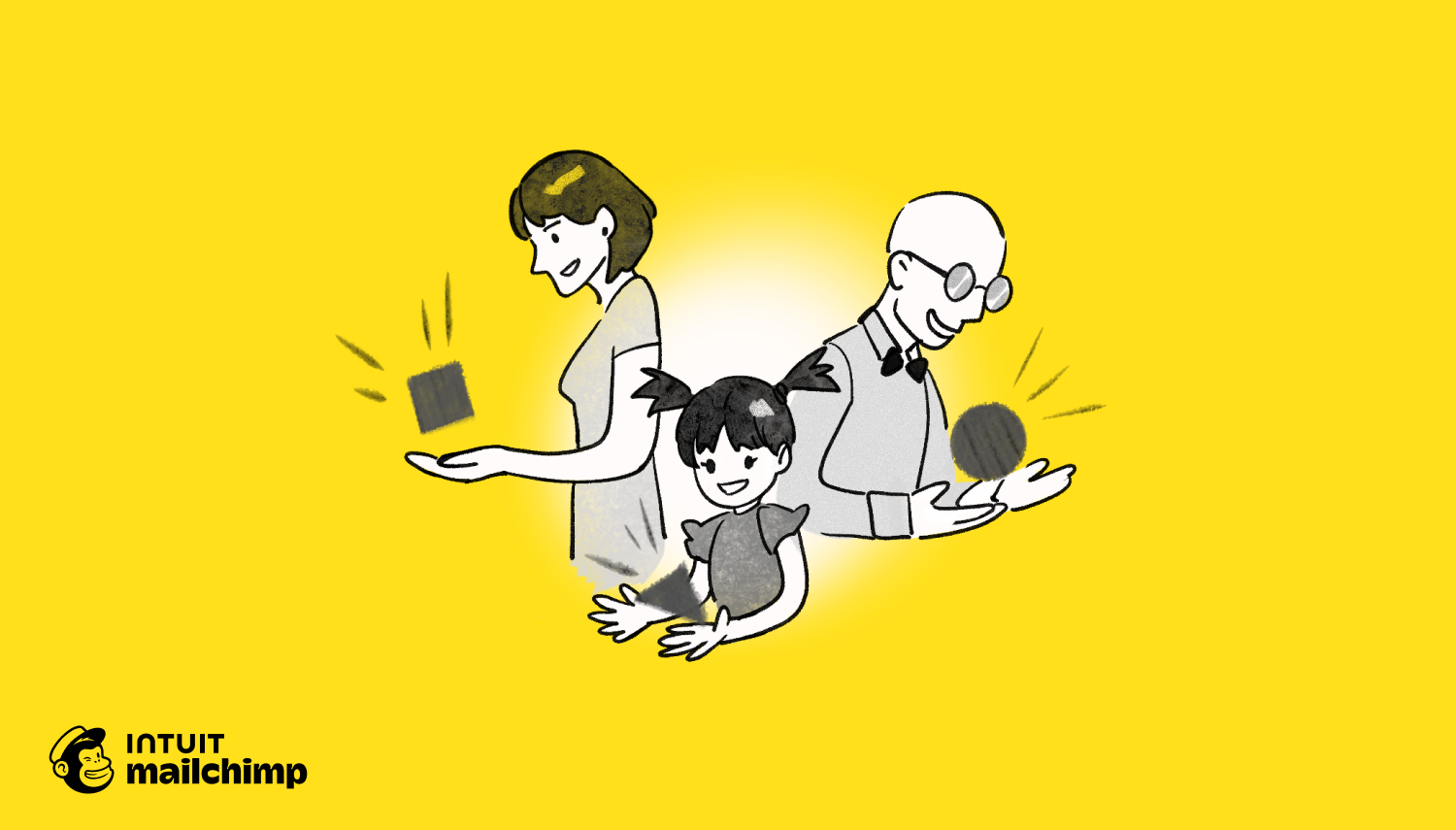 Simple cartoon illustration of three people juggling objects against a yellow background, drawn in black and gray linework