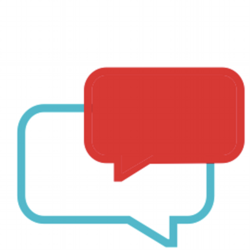 Two overlapping speech bubbles - one red and one blue - representing conversation or dialogue