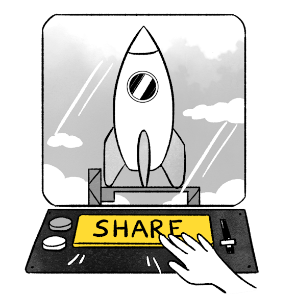 rocket ship with “lauch button” that says “share”
