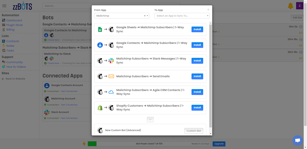 Click "+ New Bot" to access the Plugin Store pop-up to search for pre-built bots, called plugins, or create your own custom bot.