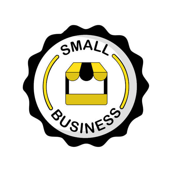 how to support small businesses - Circular black and white badge with yellow accents featuring a storefront icon and text reading "SMALL BUSINESS"