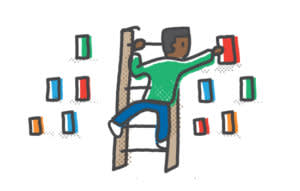Cartoon figure in green sweater climbing a ladder while colorful blocks float around them