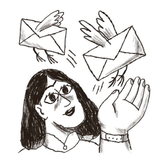 Person with envelopes with wings flying around head