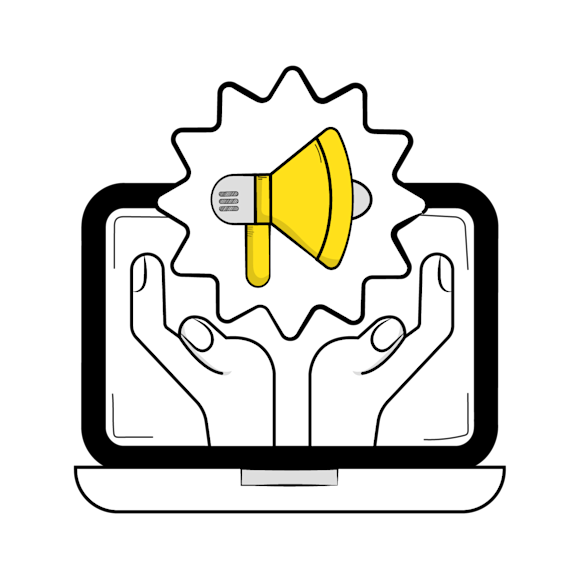 guerrilla marketing - Stylized illustration of a laptop displaying two hands with a microphone in between 