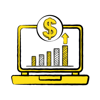 monetize your blog - Laptop showing financial growth chart with dollar sign icon, drawn in yellow and black sketch style