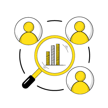 types of behavioral targeting - Simple line drawing showing three connected circles with yellow stick figures and financial chart icons