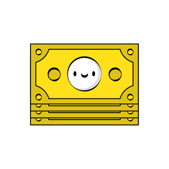CLV - Stack of yellow cartoon dollar bills with a smiling face on the top bill, drawn in a simple, cheerful style