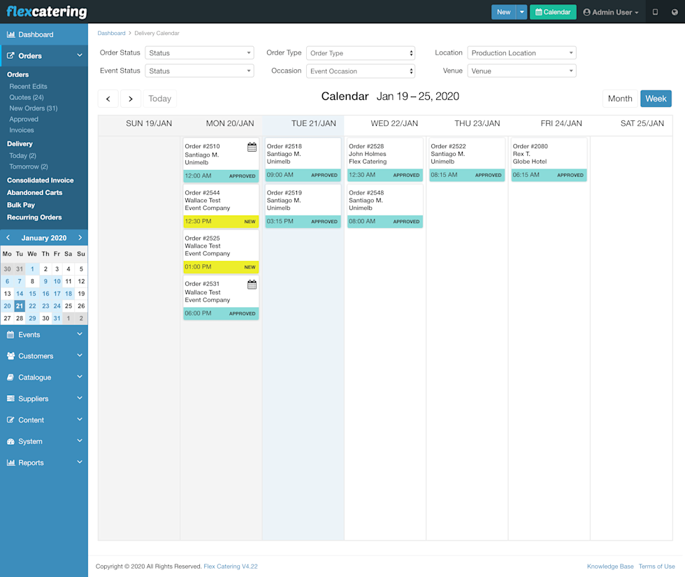 Image of Flex Catering dashboard calendar view