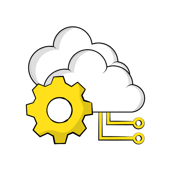 Ecommerce software - A yellow gear icon with a cloud shape behind it, suggesting cloud computing or cloud-based system settings