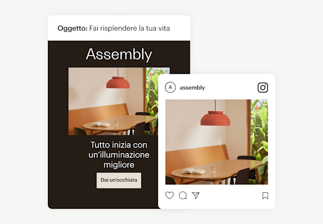 Un’email e un post sui social con la stessa immagine del prodotto in dimensioni diverse, semplificati con Content Studio di Mailchimp.