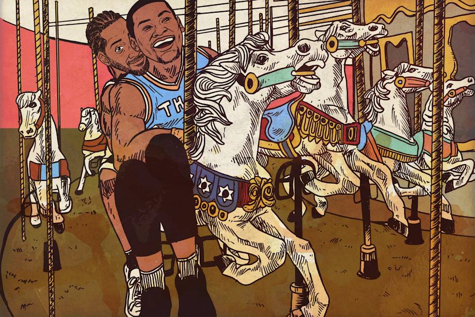 An illustration of two basketball players riding on a merry go round
