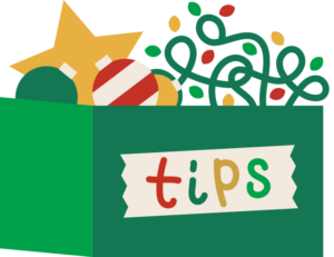 Colorful banner design with festive holiday decorations and text elements in red and green against a white background