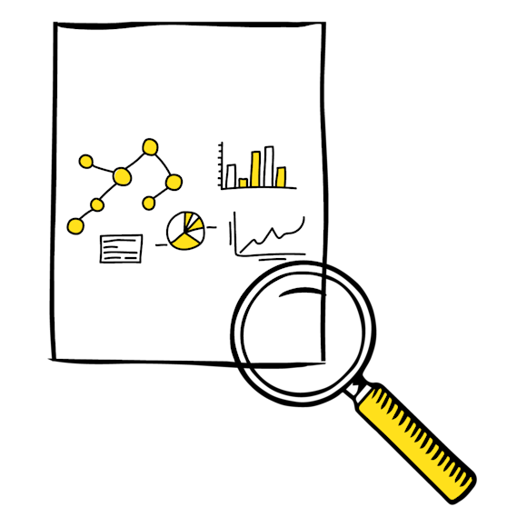 Graphic of a magnifying glass over a piece of paper with various charts on it