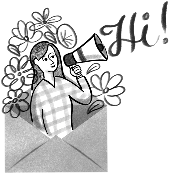 Woman with a megaphone saying “hi”