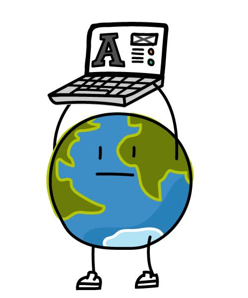 Cartoon Earth character wearing a laptop like a hat, with a neutral expression and simple stick legs