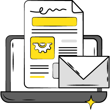 Laptop screen showing a document with yellow highlights and a gear icon, alongside an envelope icon, in simple line art style