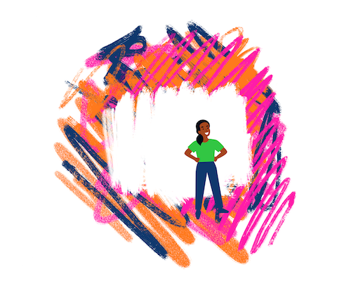 Illustration of a confident figure in green shirt and jeans standing within a vibrant circular frame of pink, orange and navy brush strokes