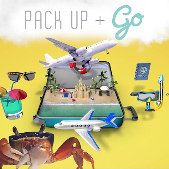 Travel-themed illustration with suitcase beach scene, planes, snorkel gear, tropical drink, and crab on yellow background